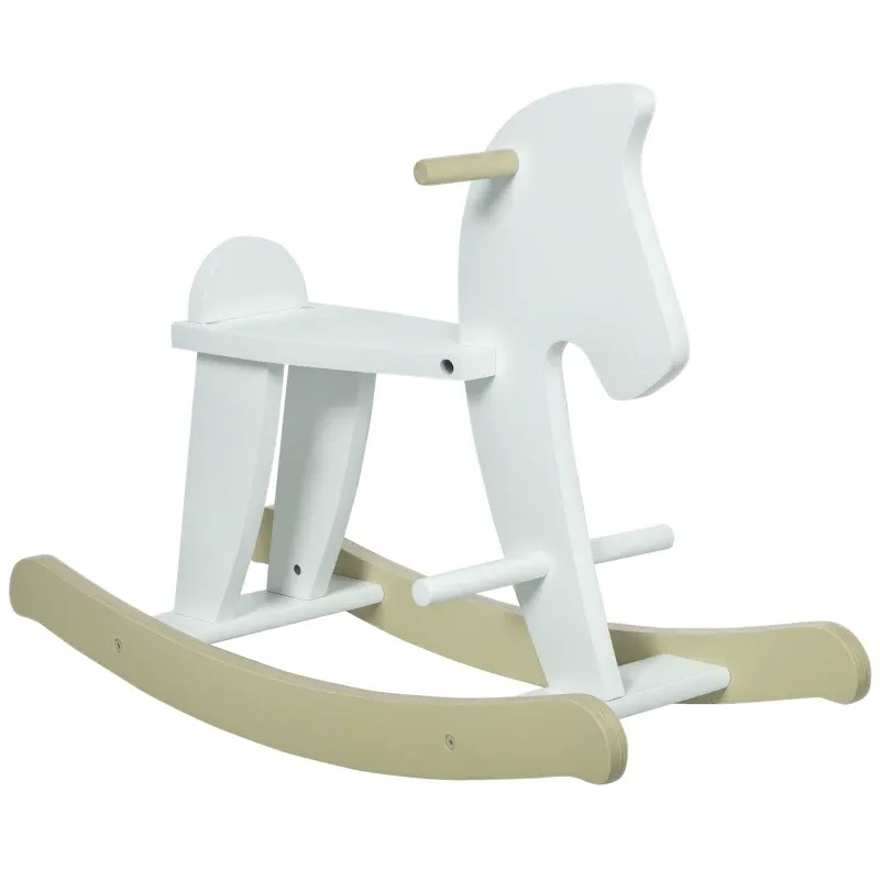 A wooden rocking horse featuring a minimalist design with a white body and beige rockers and handles.