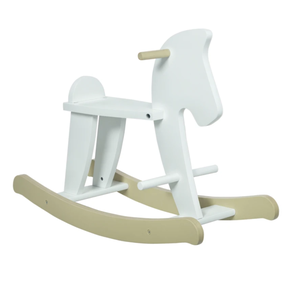 A wooden rocking horse featuring a minimalist design with a white body and beige rockers and handles.