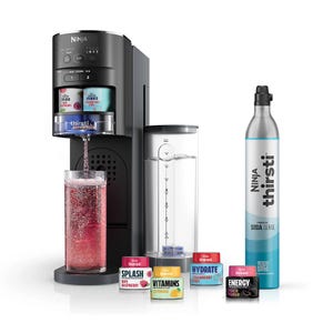 Ninja beverage machine with flavor pods and a carbonation bottle.