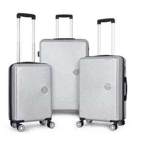 Three silver hard-shell suitcases with circular pattern designs, featuring telescopic handles and four double-spinner wheels.