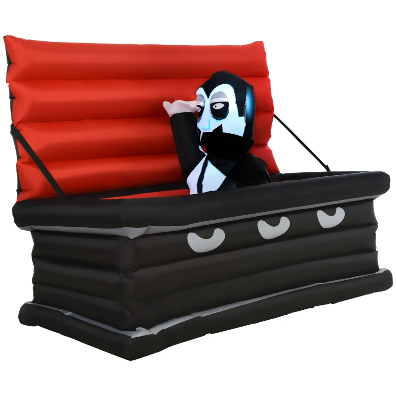 A 6-foot inflatable decoration features a vampire character sitting in a coffin with a red interior, dressed in classic black and white attire.