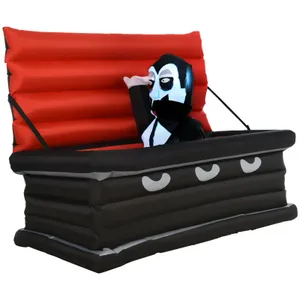 A 6-foot inflatable decoration features a vampire character sitting in a coffin with a red interior, dressed in classic black and white attire.