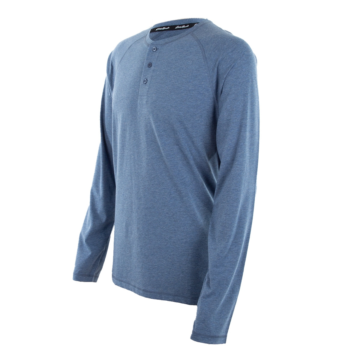 Three long-sleeved Henley shirts by Eddie Bauer, each featuring a round neckline with a button-up placket and available in solid light blue, dark blue, and gray colors.
