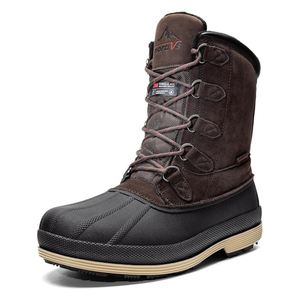 Brown insulated winter boot with a black rubber lower section, suede upper, and red laces, suitable for cold weather.