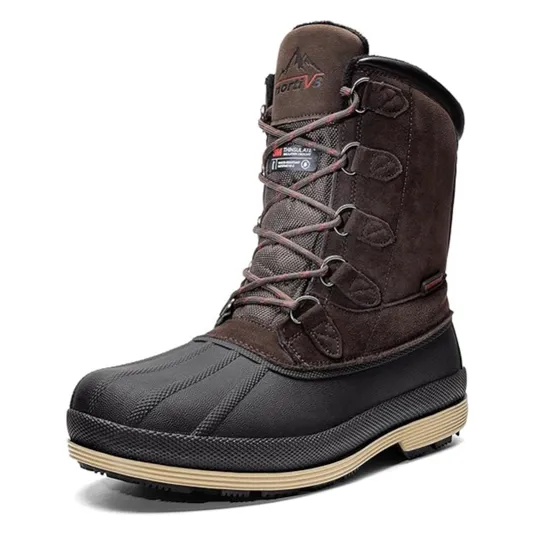 Brown insulated winter boot with a black rubber lower section, suede upper, and red laces, suitable for cold weather.