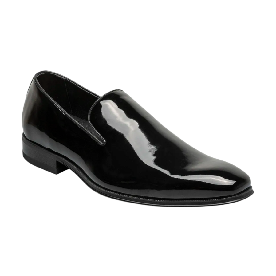 A shiny black patent leather dress shoe, featuring a slip-on design with a low heel and a sleek, modern appearance. Ideal for formal occasions.