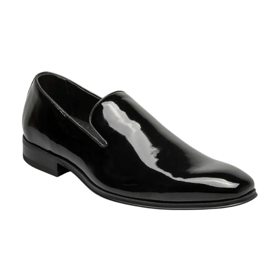 A shiny black patent leather dress shoe, featuring a slip-on design with a low heel and a sleek, modern appearance. Ideal for formal occasions.