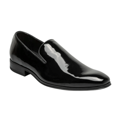 A shiny black patent leather dress shoe, featuring a slip-on design with a low heel and a sleek, modern appearance. Ideal for formal occasions.