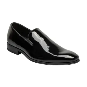 A shiny black patent leather dress shoe, featuring a slip-on design with a low heel and a sleek, modern appearance. Ideal for formal occasions.