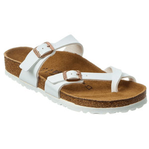 White sandal with a cork footbed, featuring two adjustable straps with metal buckles and a toe loop for added support and comfort.