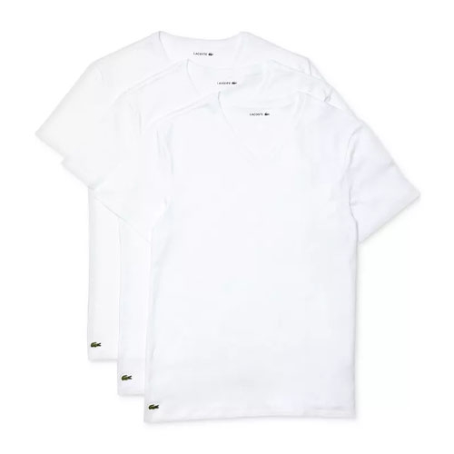 3-pack of white Lacoste cotton V-neck tees featuring a small embroidered crocodile logo on the lower left side.