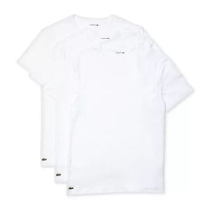 3-pack of white Lacoste cotton V-neck tees featuring a small embroidered crocodile logo on the lower left side.