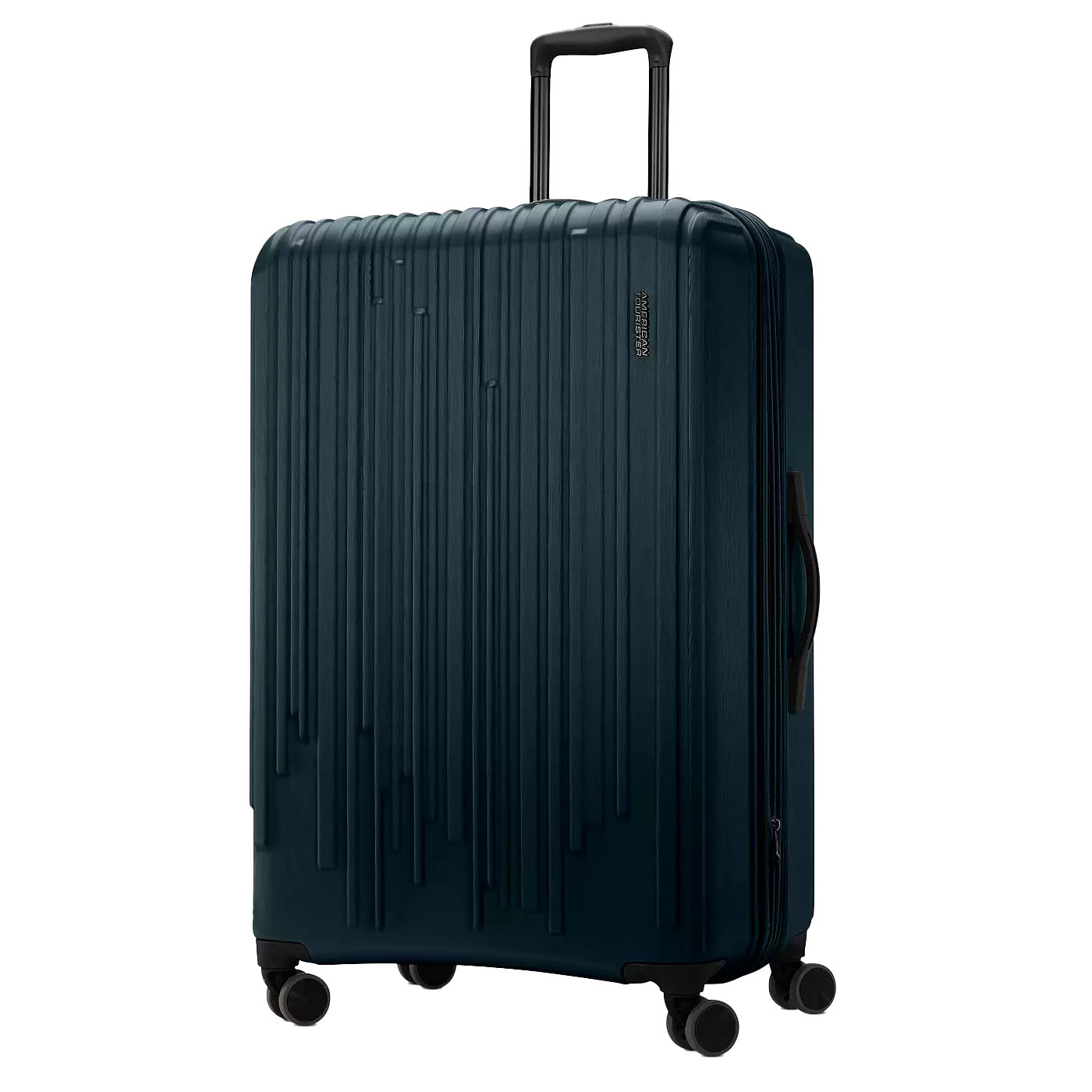 A dark green hard-shell suitcase with a grooved texture, featuring a telescopic handle and four wheels for mobility.