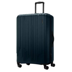 A dark green hard-shell suitcase with a grooved texture, featuring a telescopic handle and four wheels for mobility.