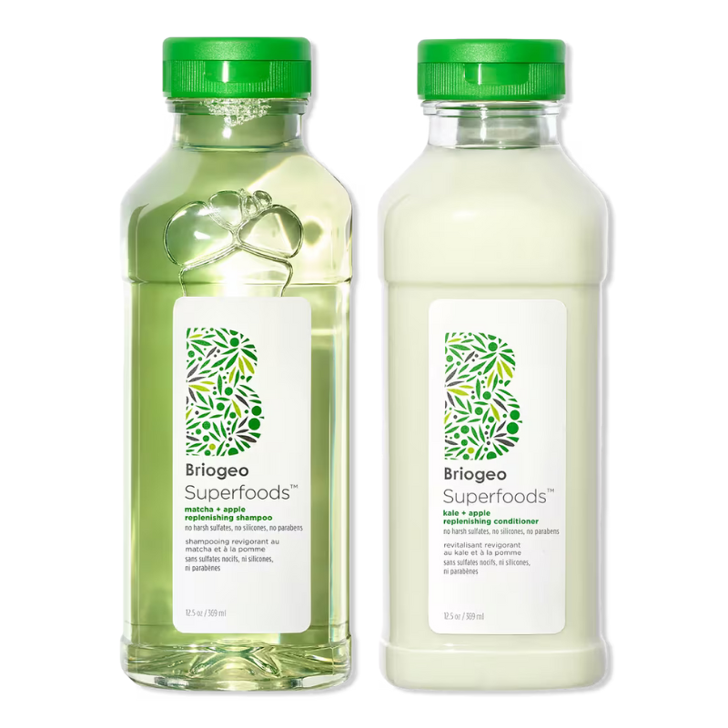 The 2-piece Briogeo Superfoods duo includes a Matcha + Apple Replenishing Shampoo and a Kale + Apple Replenishing Conditioner, both free from sulfates, silicones, and parabens, in 12.5 oz bottles with green twist-top caps.