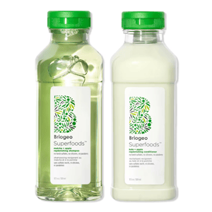 The 2-piece Briogeo Superfoods duo includes a Matcha + Apple Replenishing Shampoo and a Kale + Apple Replenishing Conditioner, both free from sulfates, silicones, and parabens, in 12.5 oz bottles with green twist-top caps.