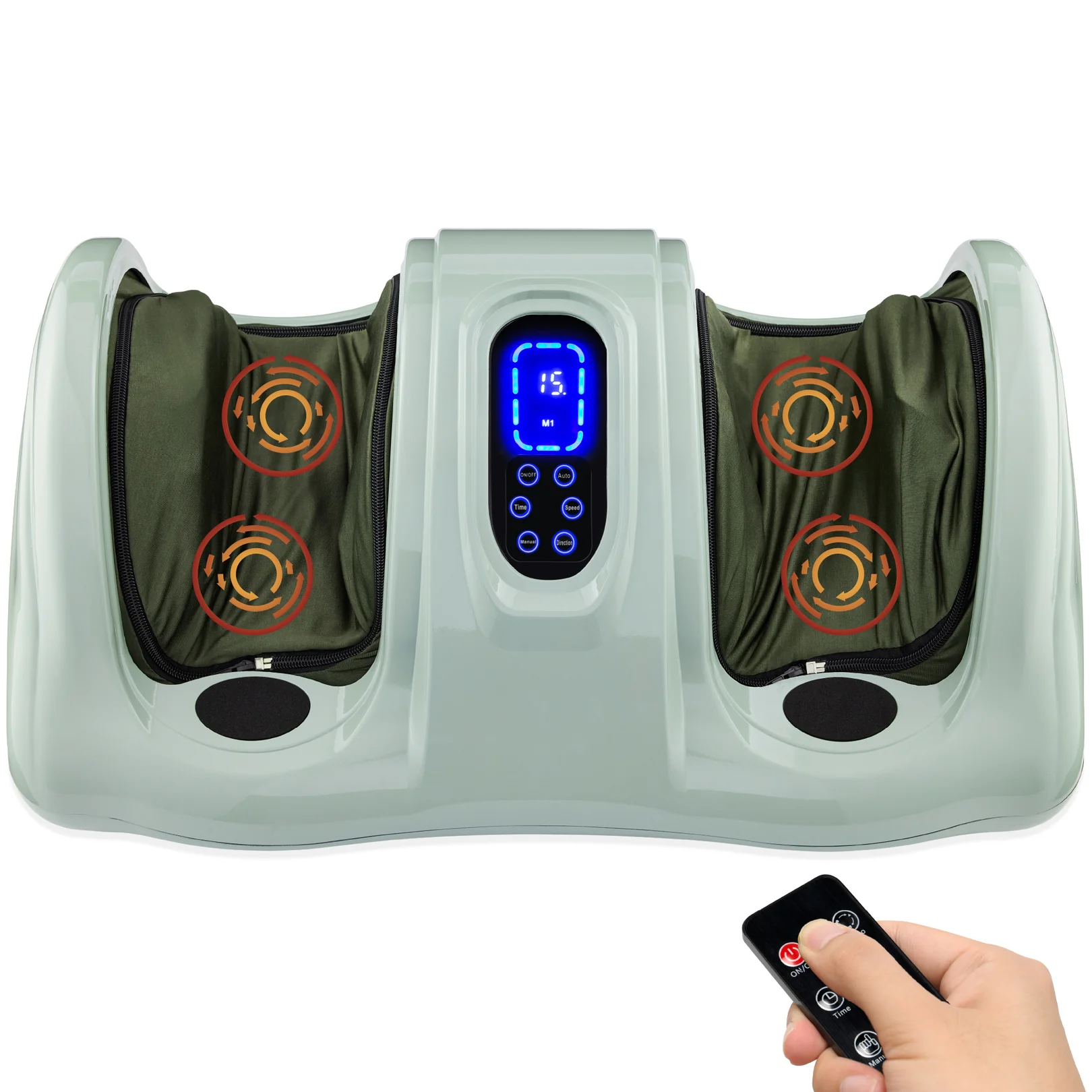 Foot massager with a digital display and remote control, featuring four massage zones with heating indicators.