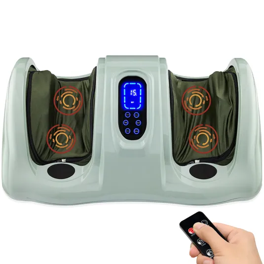 Foot massager with a digital display and remote control, featuring four massage zones with heating indicators.