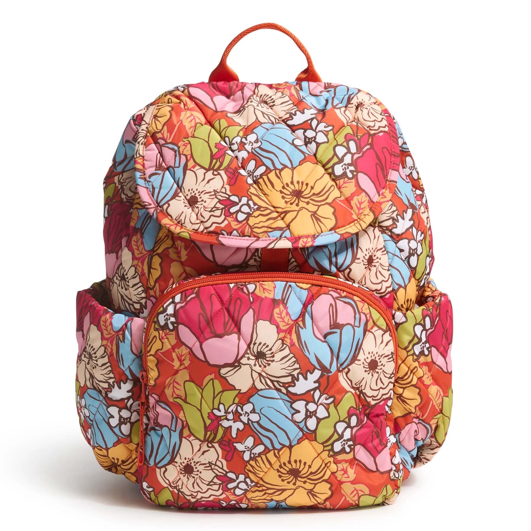 Colorful floral-patterned backpack with multiple pockets and a top handle, featuring vibrant shades of red, blue, pink, and yellow.