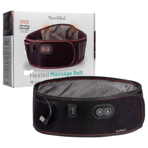 NuvoMed Heated Massage Belt with vibrating massage, adjustable settings, USB charging, and a compact design, shown with its packaging.