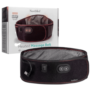 NuvoMed Heated Massage Belt with vibrating massage, adjustable settings, USB charging, and a compact design, shown with its packaging.