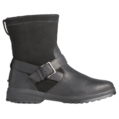 A black mid-calf boot with a buckle design and treaded sole, featuring a mix of leather and suede materials.
