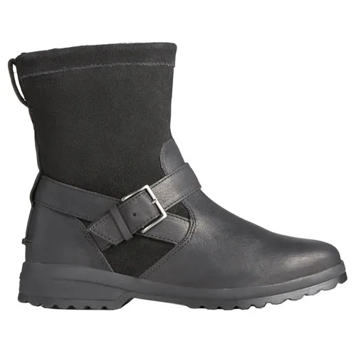 A black mid-calf boot with a buckle design and treaded sole, featuring a mix of leather and suede materials.