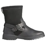 A black mid-calf boot with a buckle design and treaded sole, featuring a mix of leather and suede materials.