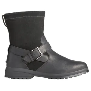 A black mid-calf boot with a buckle design and treaded sole, featuring a mix of leather and suede materials.