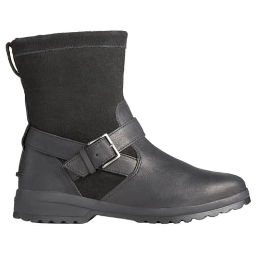 A black mid-calf boot with a buckle design and treaded sole, featuring a mix of leather and suede materials.