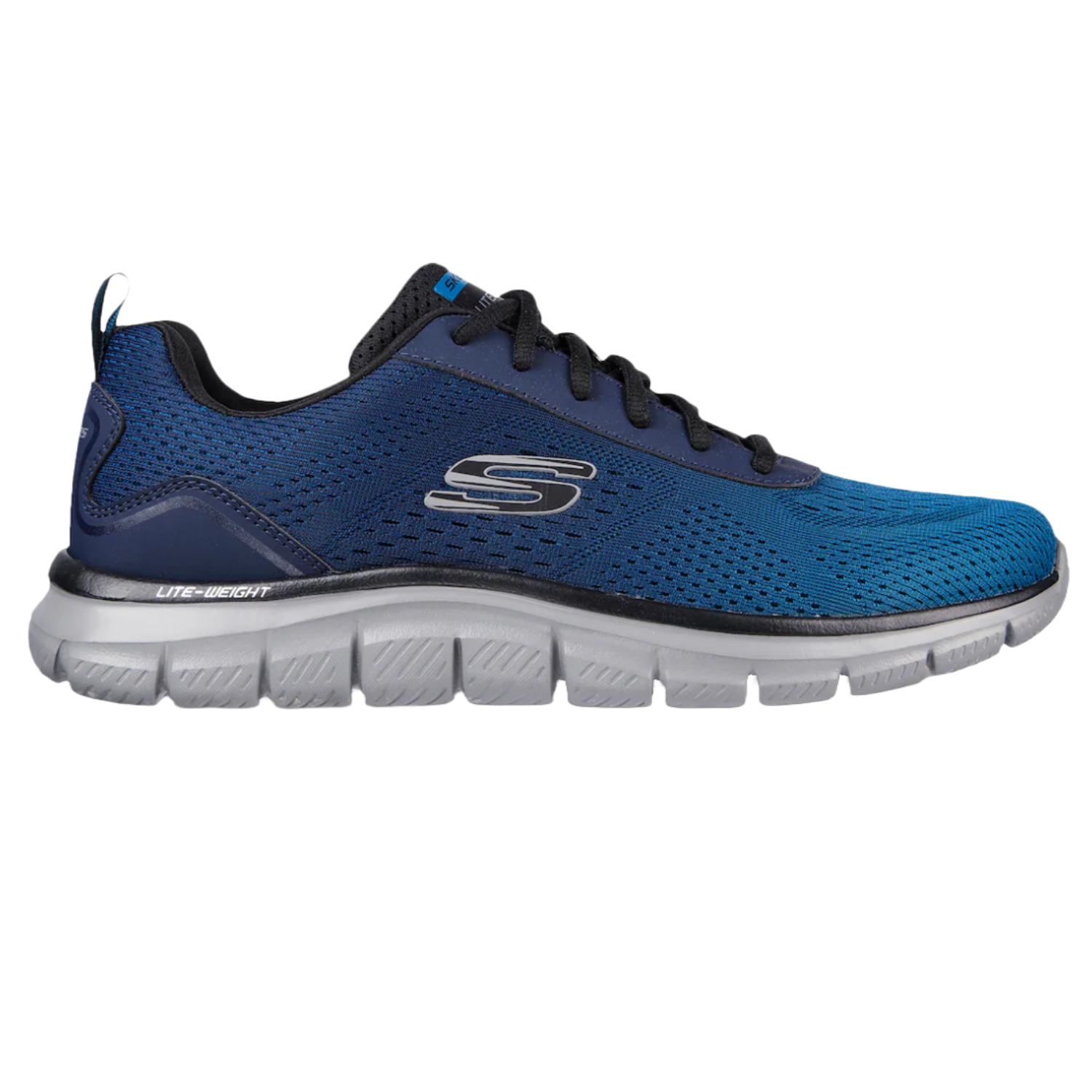 Blue athletic sneaker with black laces and a distinctive \“S\“ logo on the side, featuring a breathable mesh upper and a gray cushioned sole marked \“LITE-WEIGHT.\“