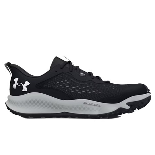 Black Under Armour running shoe with a lightweight design, featuring a white logo on the heel and a cushioned sole for comfort.