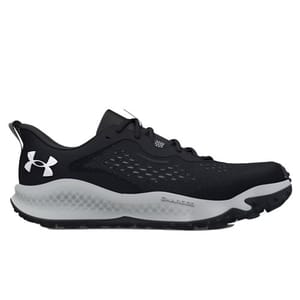 Black Under Armour running shoe with a lightweight design, featuring a white logo on the heel and a cushioned sole for comfort.