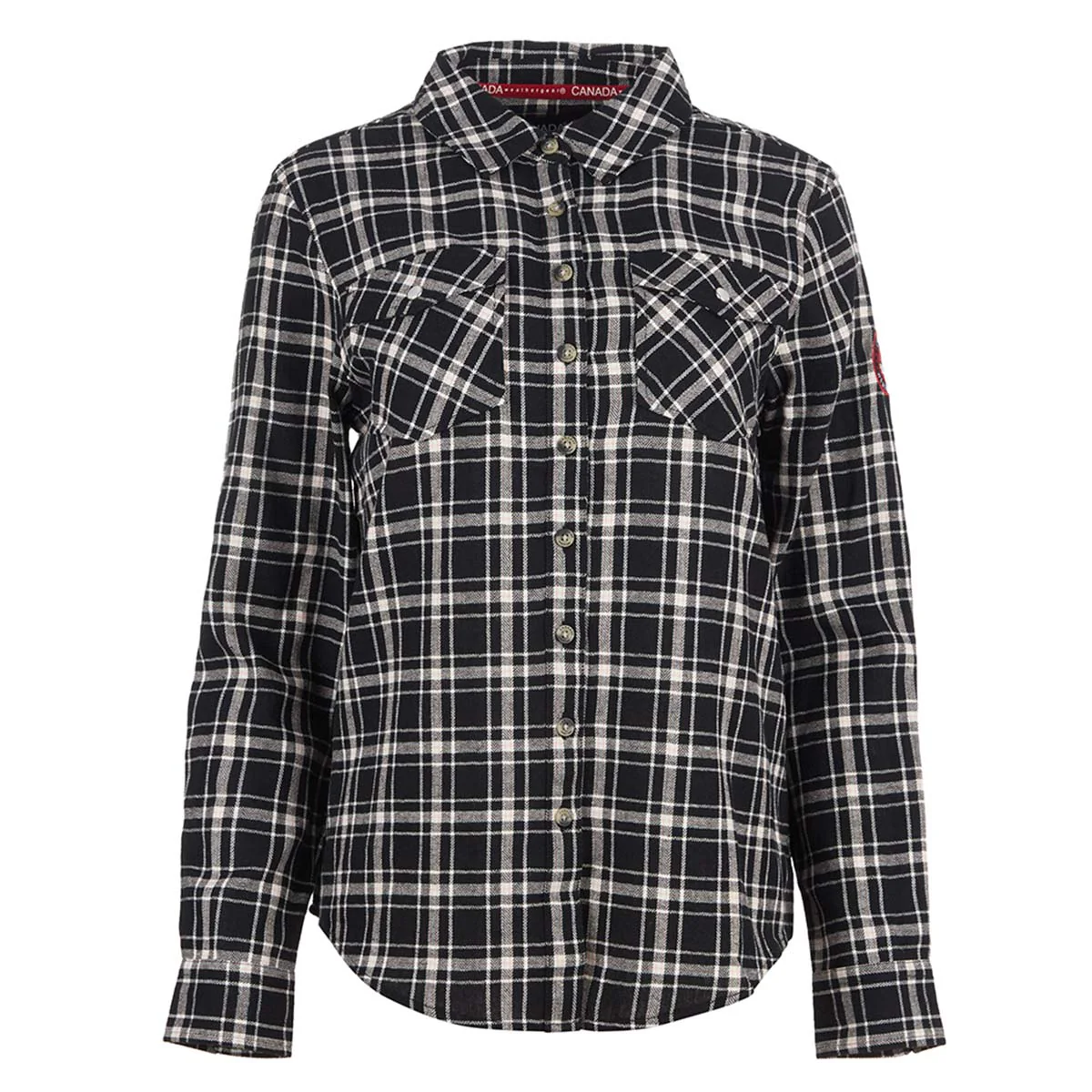 Black and white plaid button-up shirt with two chest pockets and long sleeves.