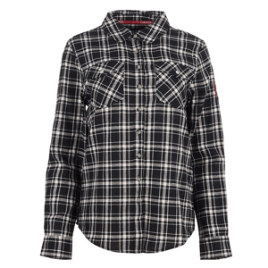 Black and white plaid button-up shirt with two chest pockets and long sleeves.