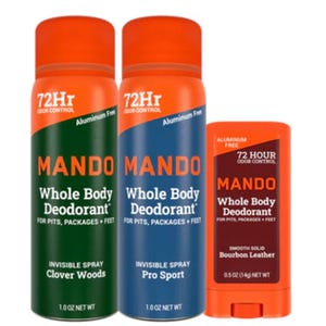 Three Mando Whole Body Deodorant products for 72-hour odor control: Clover Woods spray, Pro Sport spray, and Bourbon Leather smooth solid stick.