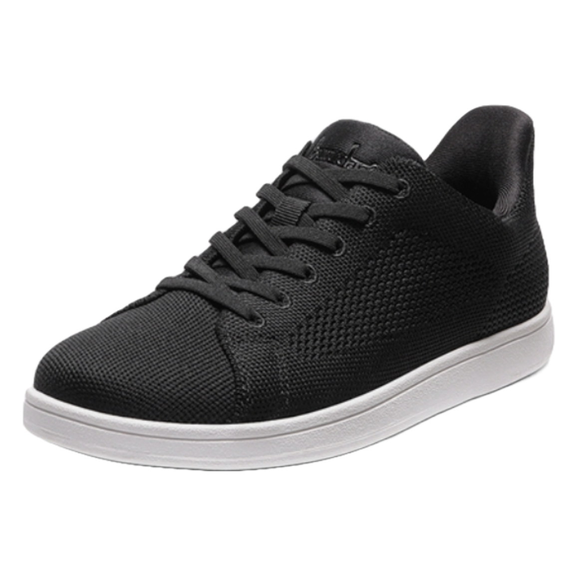 These are black slip-on sneakers with a textured upper, a white sole, and lace-up closure.