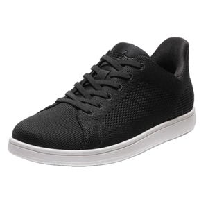 These are black slip-on sneakers with a textured upper, a white sole, and lace-up closure.