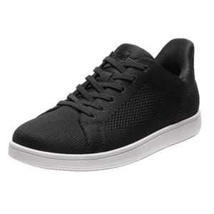 These are black slip-on sneakers with a textured upper, a white sole, and lace-up closure.