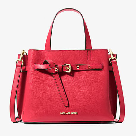 A red Michael Kors leather handbag with gold-tone hardware and a shoulder strap.