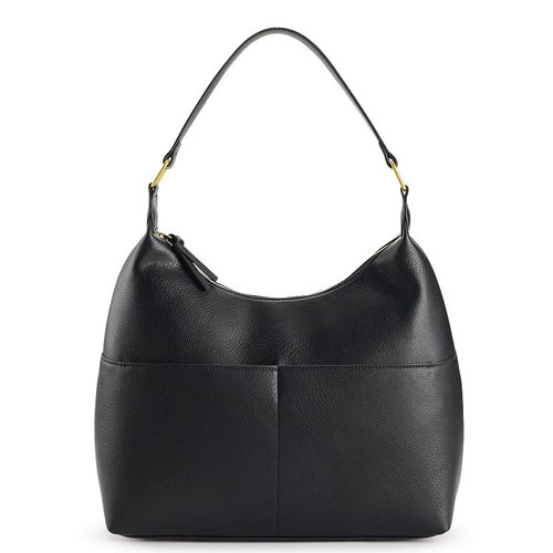 A black leather handbag with a single shoulder strap and zip closure, featuring a minimalist design with subtle gold accents on the strap attachments.