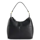 A black leather handbag with a single shoulder strap and zip closure, featuring a minimalist design with subtle gold accents on the strap attachments.