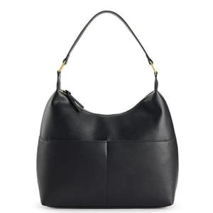 A black leather handbag with a single shoulder strap and zip closure, featuring a minimalist design with subtle gold accents on the strap attachments.