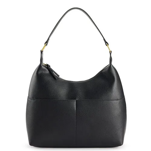 A black leather handbag with a single shoulder strap and zip closure, featuring a minimalist design with subtle gold accents on the strap attachments.