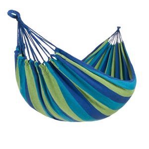 Striped hammock with a blue and green pattern.