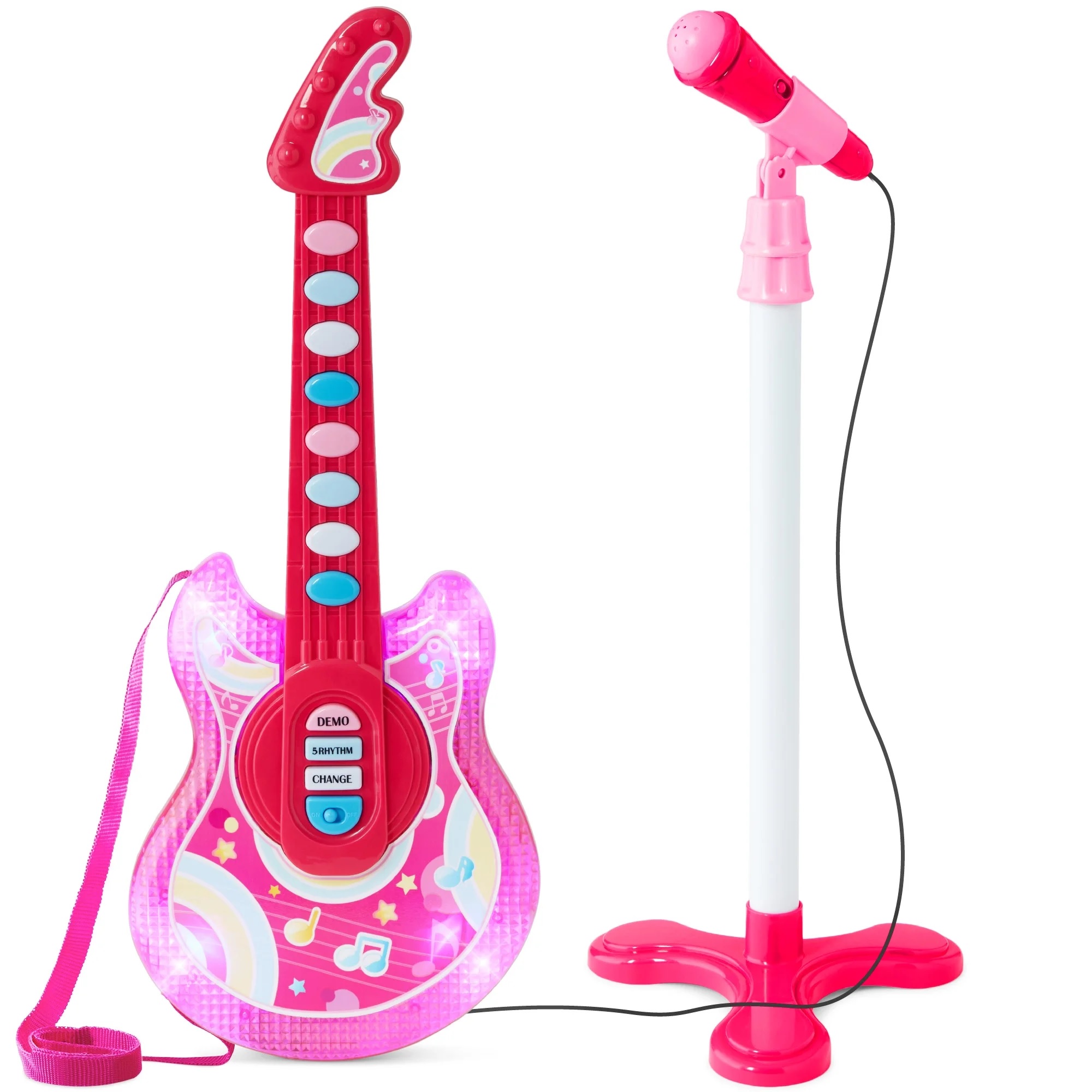 Pink toy electric guitar with buttons for demo, rhythm, and sound changes, paired with a matching microphone on a stand.
