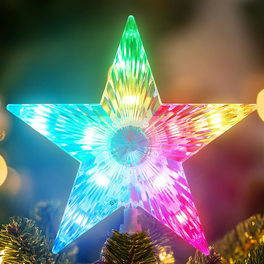 A 7-inch star-shaped Christmas tree topper with LED lights in multiple colors, featuring a faceted design that enhances its vibrant illumination.