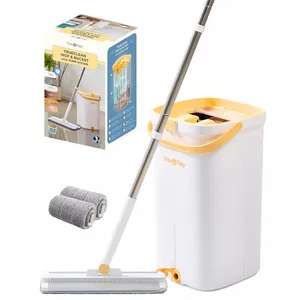 True & Tidy's two-bucket mop system includes a mop, two replaceable roller heads, and a cleaning bucket with a built-in handle for easy transport.