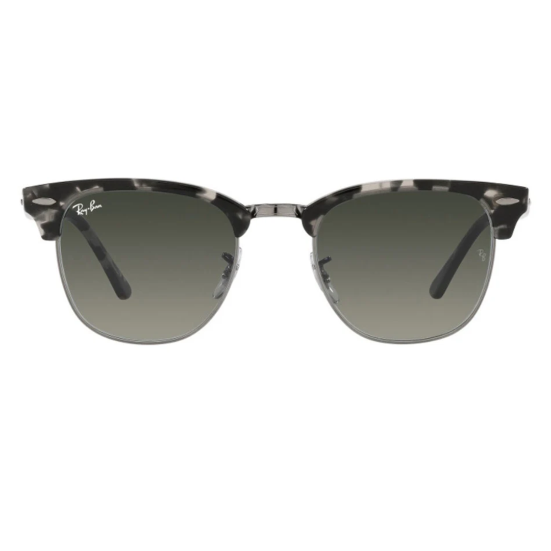 Gray marbled sunglasses with a semi-rimless frame and green gradient lenses, featuring a logo on the top left corner.