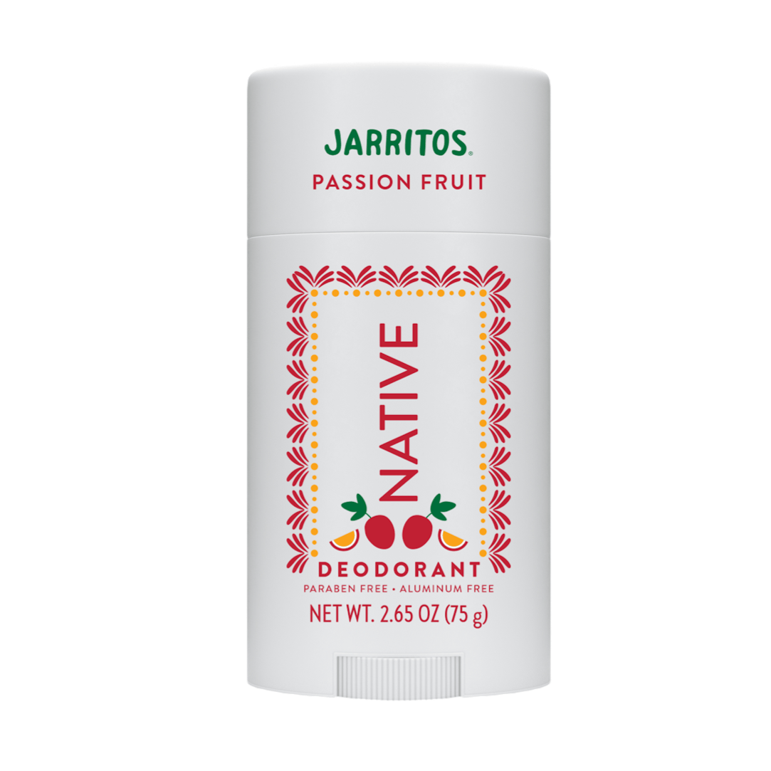 Native deodorant in a Jarritos Passion Fruit scent, paraben-free and aluminum-free, 2.65 oz (75 g).